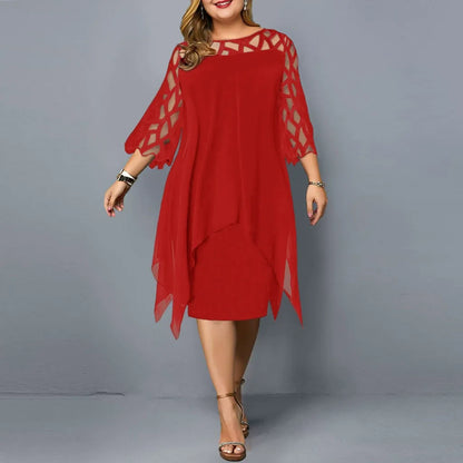 Dress woman midi – Chiffon – Lace details – Asymmetric hem – 3/4 sleeve – Loose fit