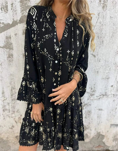 Dress Woman – Flattering Wide Fit – Lace Sleeves – Layered Hem – Metallic Decoration