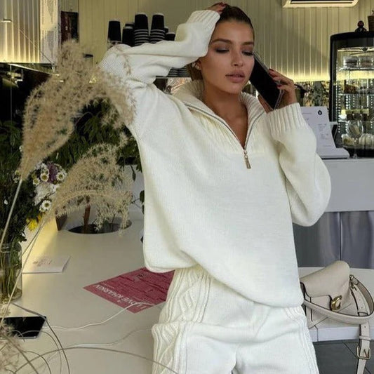 Women's Sweater – Soft Knit – Oversized Fit – Quarter Zipper – Ribbed Edges