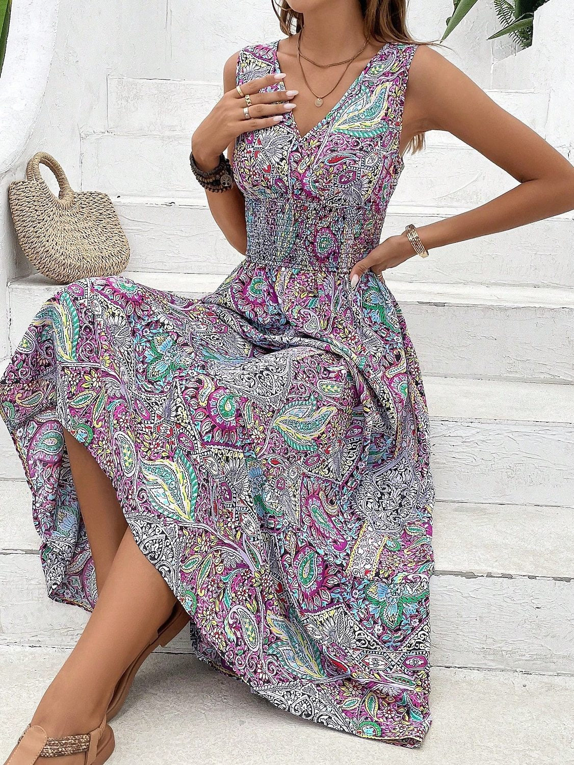 Dress women midi – V-neck – Sleeveless – High waist – A-line – Breathable cotton – Patterned