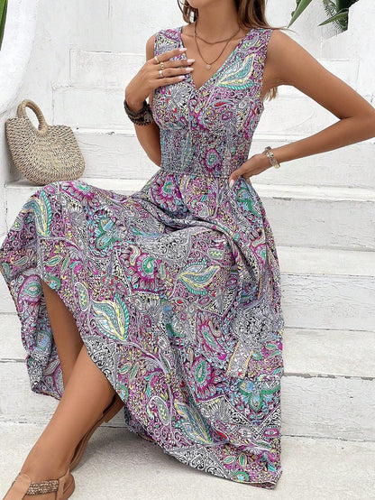 Dress women midi – V-neck – Sleeveless – High waist – A-line – Breathable cotton – Patterned