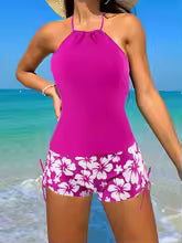 Women's Tankini Set – Halterneck Top – Backless Sleeveless – Floral Tie Shorts – Breathable Fabric