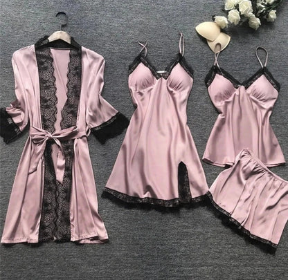 Women's Nightwear Set – Satin Finish – Lace Trim – Relaxed Fit – 4 Pieces