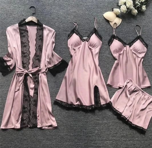 Women's Nightwear Set – Satin Finish – Lace Trim – Relaxed Fit – 4 Pieces