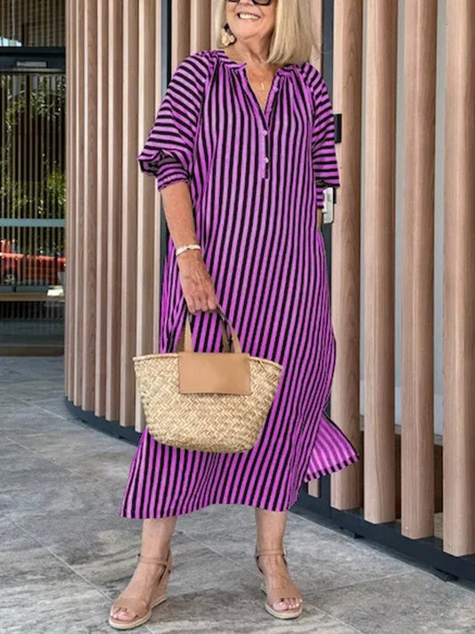 Dress women midi – relaxed fit – V-neck – flutter sleeves – breathable fabric – striped design
