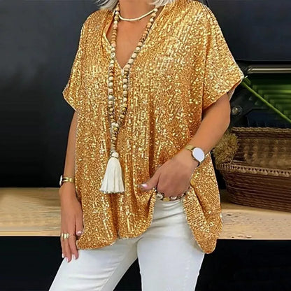 Women's T-shirt – V-neck – Relaxed fit – Sequin embellished – Short sleeve