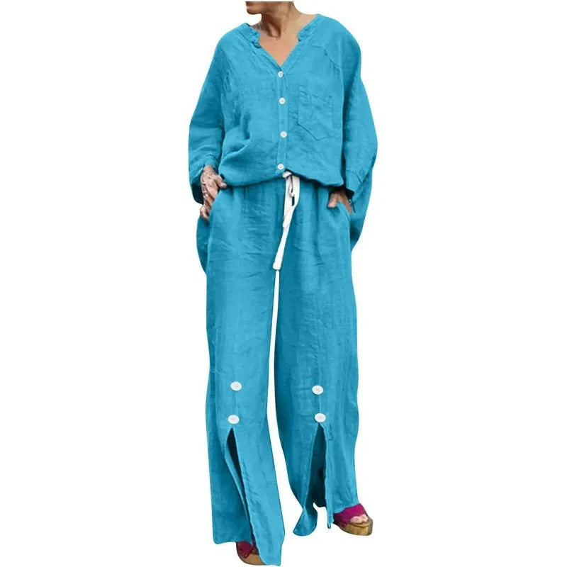 Women's Set with Cardigan and Wide Pants – Relaxed Fit – V-neck – Soft Cotton Blend