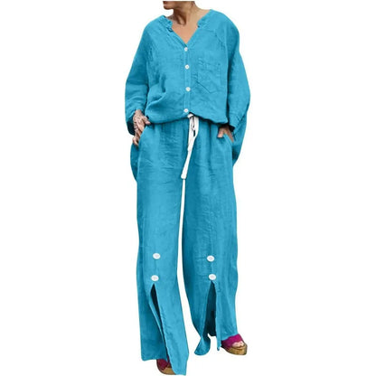 Women's Set with Cardigan and Wide Pants – Relaxed Fit – V-neck – Soft Cotton Blend