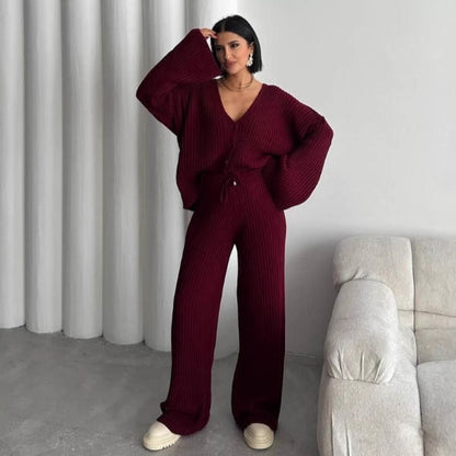 Women's Loungewear Set – Knitted Ribbed Texture – Oversized Fit – Wide Sleeves