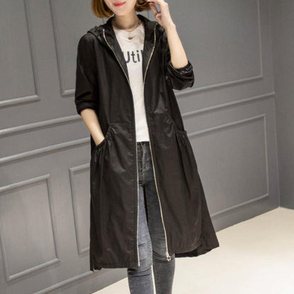 Women's Rain Jacket – Water-Repellent – Hood – Relaxed Fit – Knee-Length – Full Zipper
