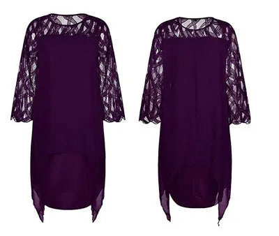 Dress woman midi – Chiffon – Lace details – Asymmetric hem – 3/4 sleeve – Loose fit