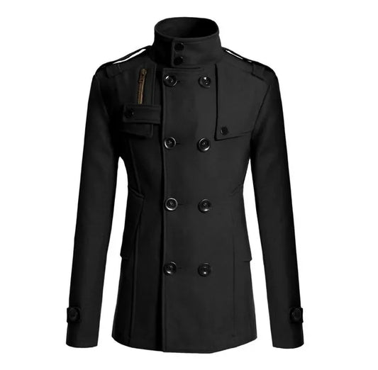 Men's Coat – Wool – Slim Fit – Double-Breasted – Military Style – Mid-Length