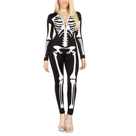 Women's Jumpsuit – Tight Fit – Skeleton Pattern – Front Zipper – Full Length
