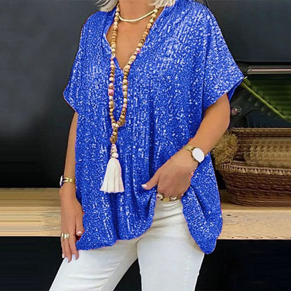 Women's T-shirt – V-neck – Relaxed fit – Sequin embellished – Short sleeve