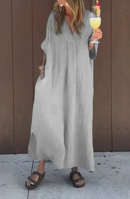 Women's Maxi Dress – Cotton – Loose Fit – V-neck – Short Sleeves with Pockets