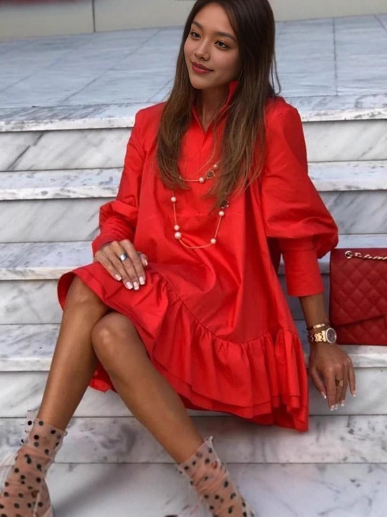 Dress for Women – Mini Length – Relaxed Fit – Long Puffy Sleeves – Ruffle Hem