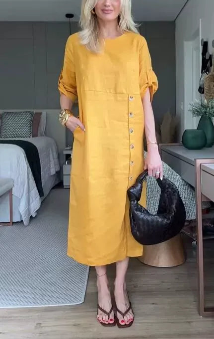 Women's Midi Dress – Relaxed Fit – Linen Cotton – Short Sleeves – Side Buttons