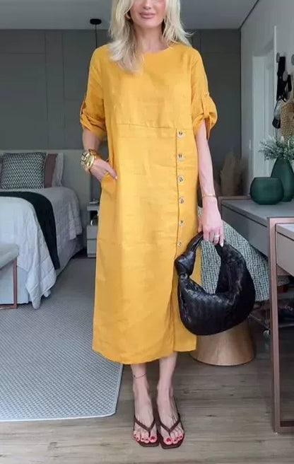 Women's Midi Dress – Relaxed Fit – Linen Cotton – Short Sleeves – Side Buttons
