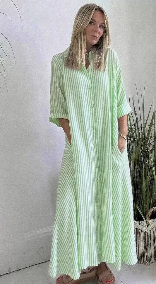 Women's Maxi Dress – Striped – Loose Fit – Button Closure – 3/4 Sleeves – Cotton Blend