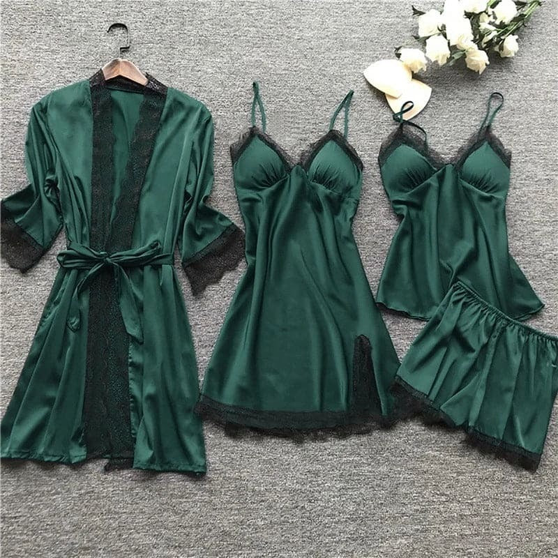 Women's Nightwear Set – Satin Finish – Lace Trim – Relaxed Fit – 4 Pieces
