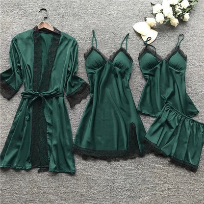 Women's Nightwear Set – Satin Finish – Lace Trim – Relaxed Fit – 4 Pieces