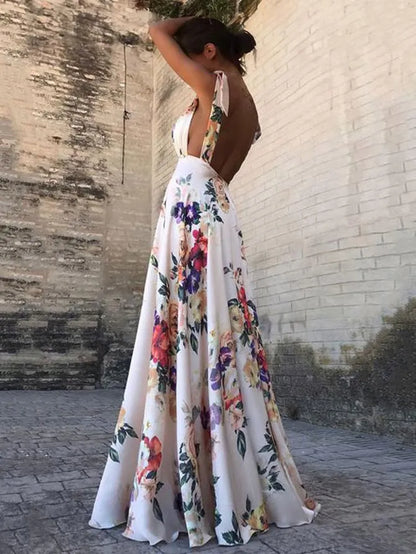 Women's Maxi Dress – Loose Fit – V-neck – Open Back – Floral Print – Boho Style