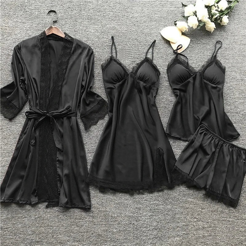 Women's Nightwear Set – Satin Finish – Lace Trim – Relaxed Fit – 4 Pieces