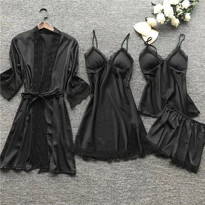 Women's Nightwear Set – Satin Finish – Lace Trim – Relaxed Fit – 4 Pieces