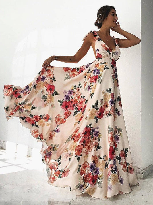 Women's Maxi Dress – Loose Fit – V-neck – Open Back – Floral Print – Boho Style