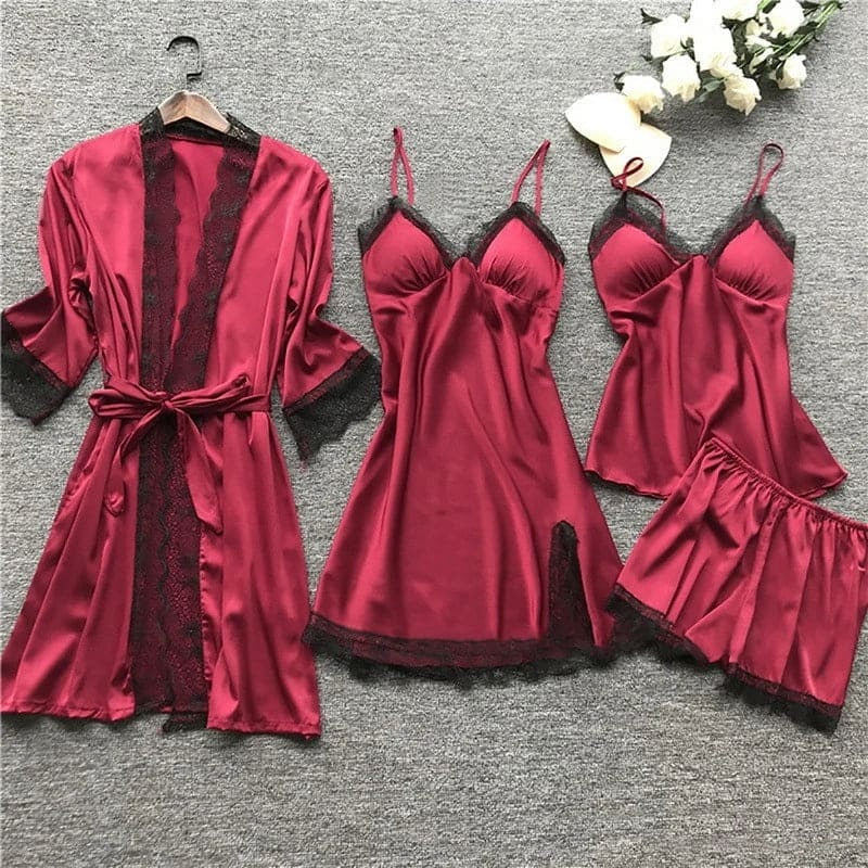 Women's Nightwear Set – Satin Finish – Lace Trim – Relaxed Fit – 4 Pieces