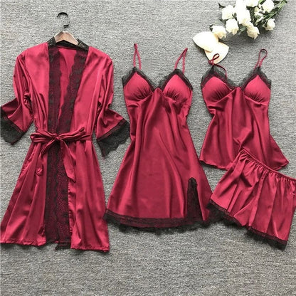 Women's Nightwear Set – Satin Finish – Lace Trim – Relaxed Fit – 4 Pieces