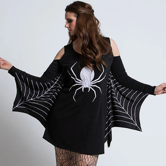 Dress for Women – A-line Fit – Cut-out Shoulders – Spider Print – Mesh Sleeves