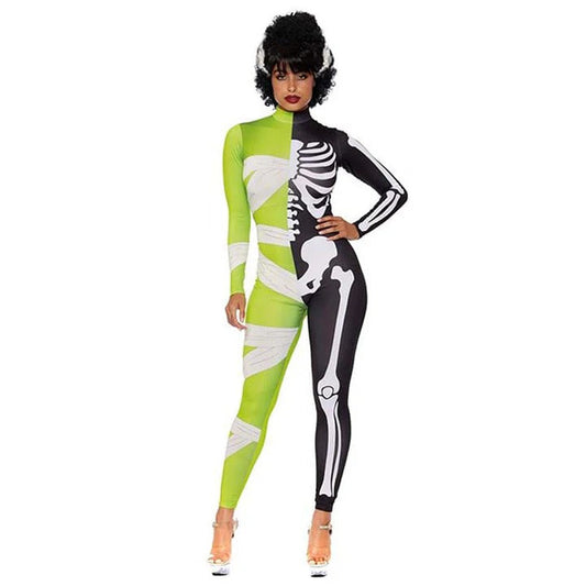 Women's Jumpsuit – Tight-Fitting Stretch – Long-Sleeved – Skeleton and Mummy Design