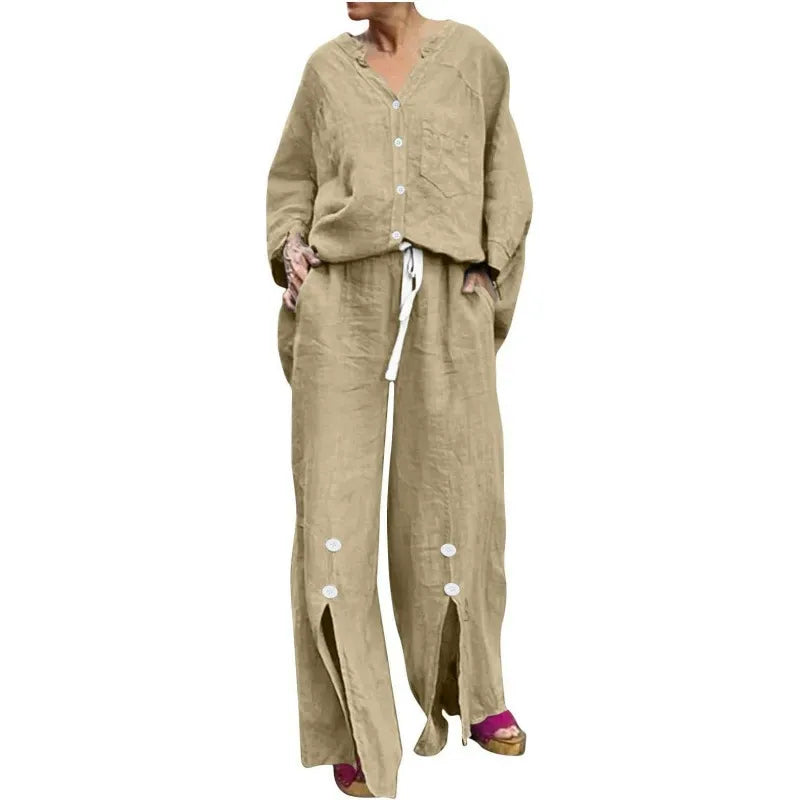 Women's Set with Cardigan and Wide Pants – Relaxed Fit – V-neck – Soft Cotton Blend