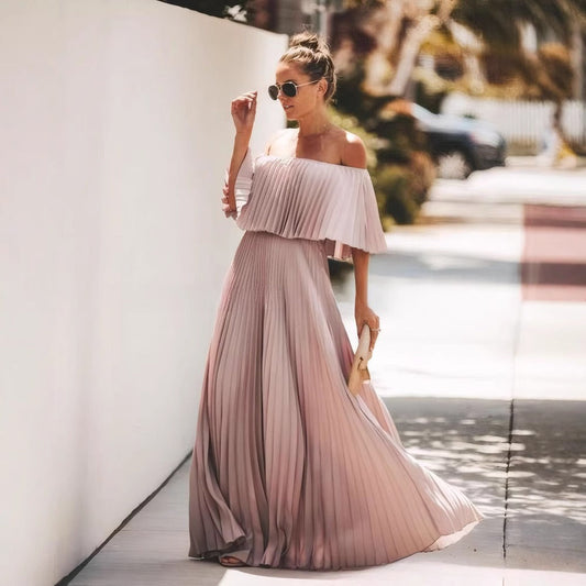 Women's Maxi Dress – Off Shoulder – Ruffle Collar – Pleated Details – Loose Fit