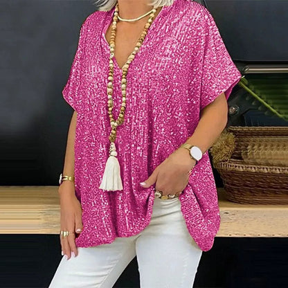 Women's T-shirt – V-neck – Relaxed fit – Sequin embellished – Short sleeve