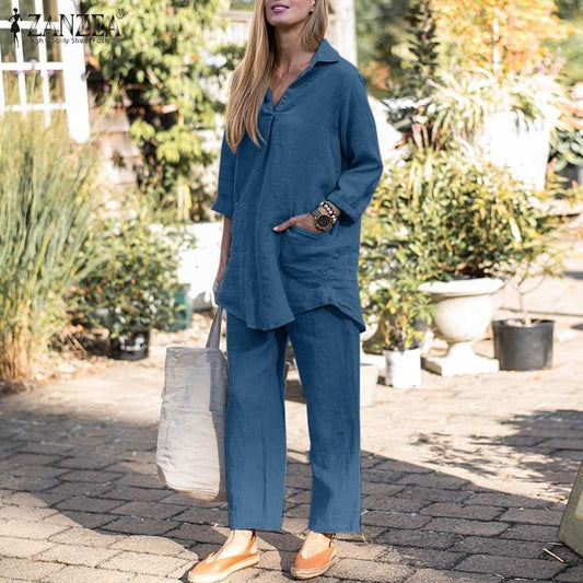 Women's Set – Linen Look – Relaxed Fit – Collared Shirt – Wide High-Waisted Trousers