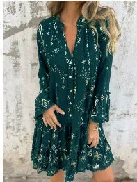 Dress Woman – Flattering Wide Fit – Lace Sleeves – Layered Hem – Metallic Decoration