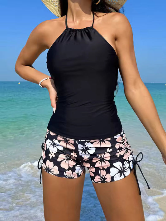 Women's Tankini Set – Halterneck Top – Backless Sleeveless – Floral Tie Shorts – Breathable Fabric