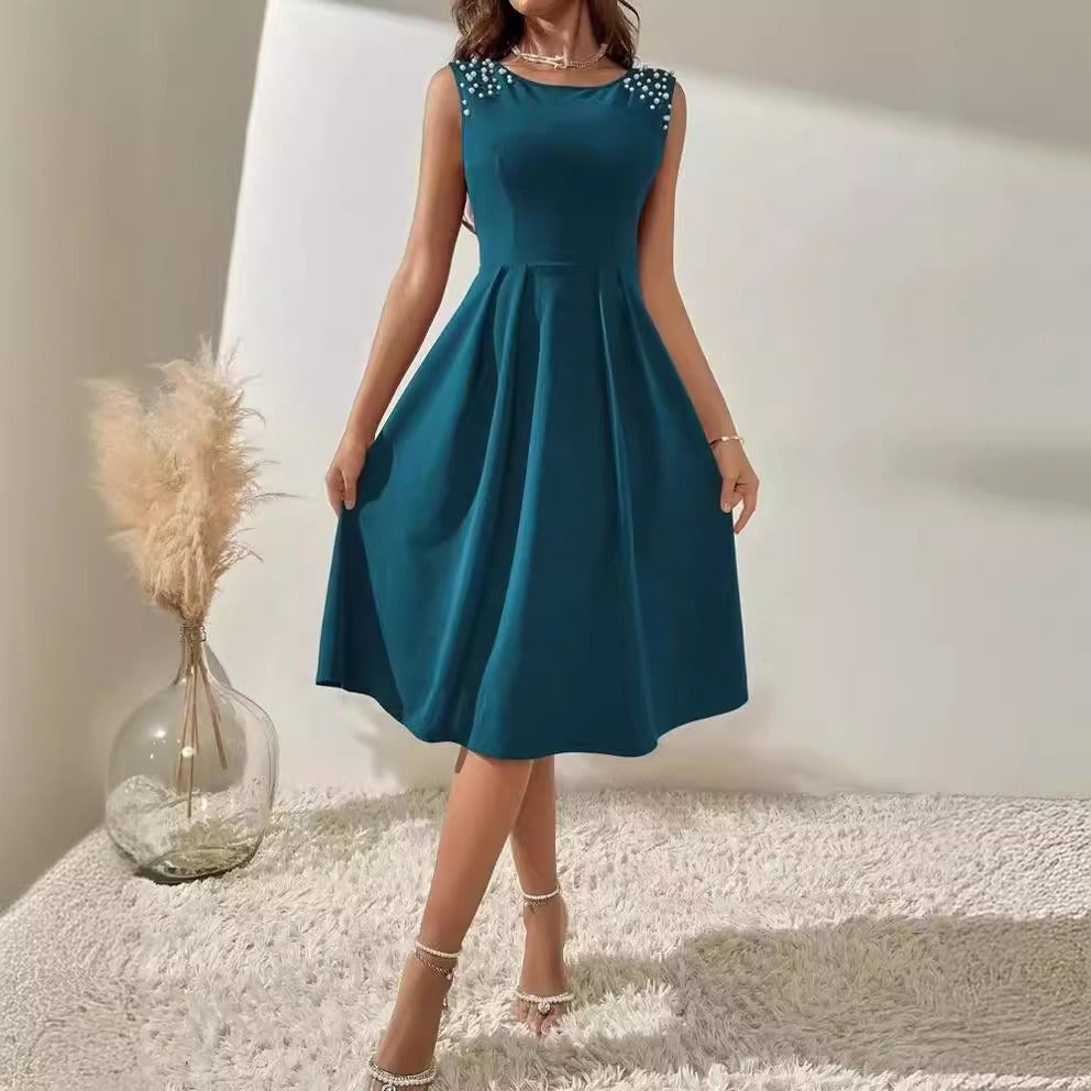 Dress for Women – Midi Length – Fitted Waist – A-line – Pearl Details on Shoulders