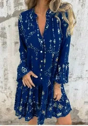 Dress Woman – Flattering Wide Fit – Lace Sleeves – Layered Hem – Metallic Decoration