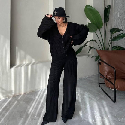 Women's Loungewear Set – Knitted Ribbed Texture – Oversized Fit – Wide Sleeves