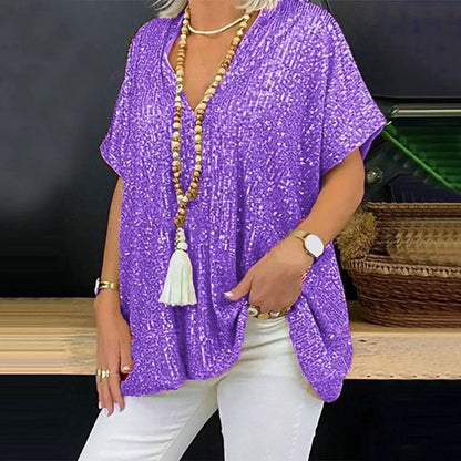 Women's T-shirt – V-neck – Relaxed fit – Sequin embellished – Short sleeve