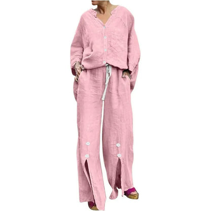 Women's Set with Cardigan and Wide Pants – Relaxed Fit – V-neck – Soft Cotton Blend