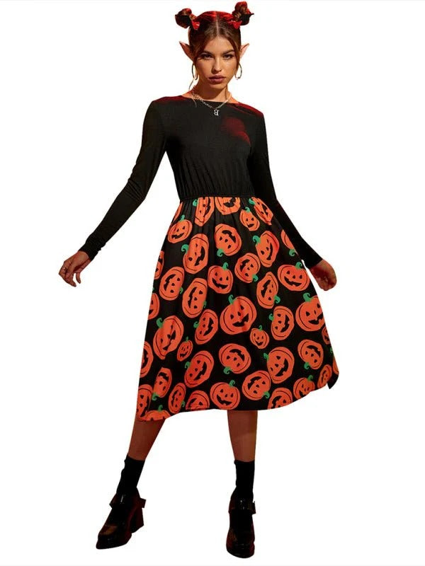 Dress woman – Midi length – A-line cut – Belt at the waist – Long-sleeved with print