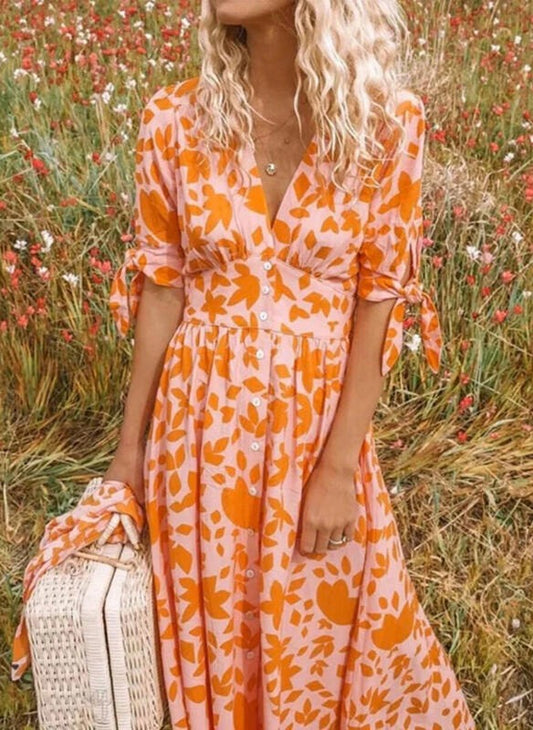 Dress for Women – Midi Length – Relaxed Fit – V-Neck – Tie Details – Floral Print