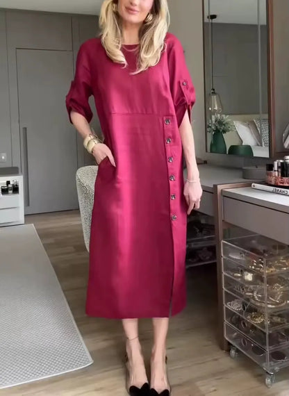 Women's Midi Dress – Relaxed Fit – Linen Cotton – Short Sleeves – Side Buttons