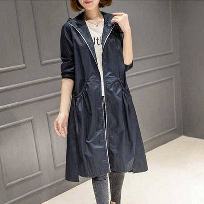 Women's Rain Jacket – Water-Repellent – Hood – Relaxed Fit – Knee-Length – Full Zipper