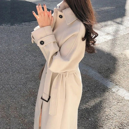 Women's Trench Coat – Wool Blend – Relaxed Fit – Double-Breasted – Full Length