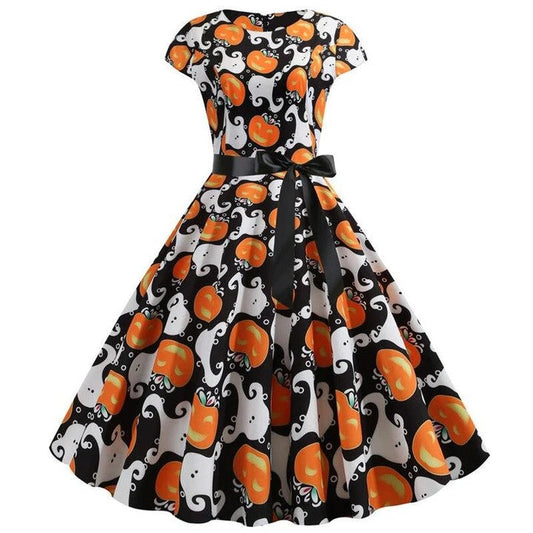 Dress woman – A-line fit – Short sleeve – Belt at the waist – Festive pattern